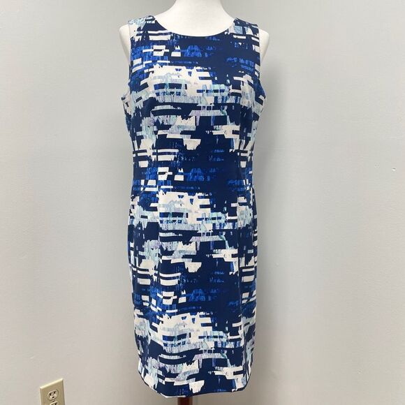 Blue & White Geometric Sleeveless Dress Womens Size 12 Wedding Guest Work Dress - Picture 2 of 15
